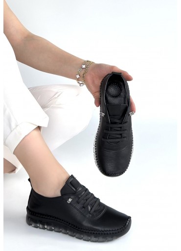 Jiten Siyah Deri Bağcıklı Spor Ayakkabı