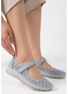 Sina Mavi Deri Cırt Cırtlı Babet Ayakkabı