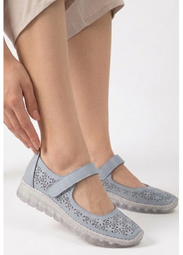 Sina Mavi Deri Cırt Cırtlı Babet Ayakkabı