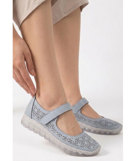 Sina Mavi Deri Cırt Cırtlı Babet Ayakkabı