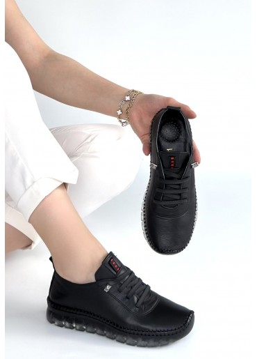 Jiten Siyah Deri Bağcıklı Spor Ayakkabı