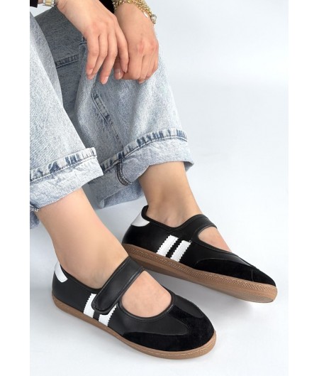 Menja Siyah Cilt Cırt Cırtlı Babet Ayakkabı