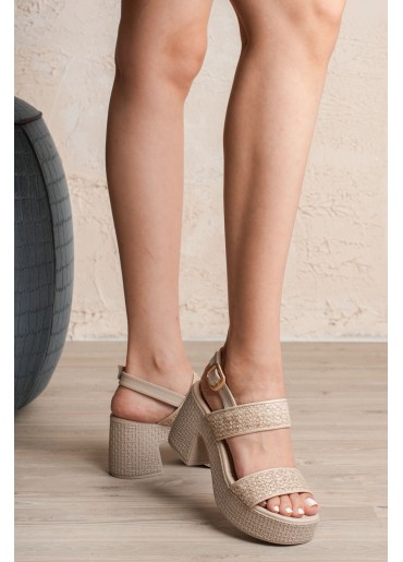 Wowi Bej Cilt Baskılı Topuklu Sandalet