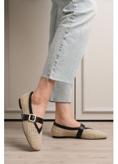 Ponti Siyah Cilt Hasır Detaylı Babet Ayakkabı