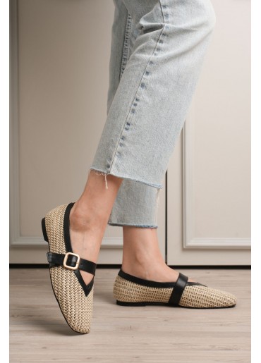 Ponti Siyah Cilt Hasır Detaylı Babet Ayakkabı