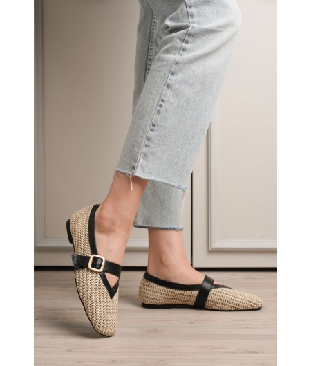 Ponti Siyah Cilt Hasır Detaylı Babet Ayakkabı