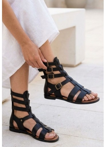 Nola Siyah Deri Kemerli Sandalet