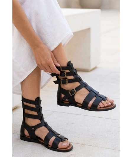 Nola Siyah Deri Kemerli Sandalet