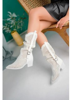 Meria Beyaz Cilt Lazer Kesim Kovboy Topuklu Çizme