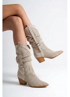 Meria Bej Süet Lazer Kesim Kovboy Topuklu Çizme