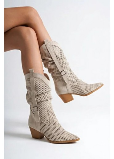 Meria Bej Süet Lazer Kesim Kovboy Topuklu Çizme