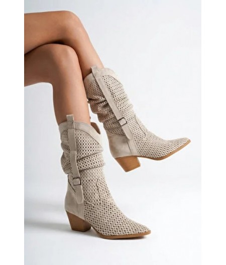 Meria Bej Süet Lazer Kesim Kovboy Topuklu Çizme