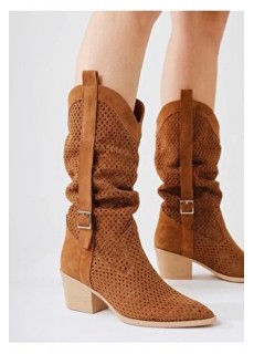 Meria Taba Süet Lazer Kesim Kovboy Topuklu Çizme