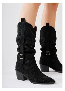 Meria Siyah Süet Lazer Kesim Kovboy Topuklu Çizme