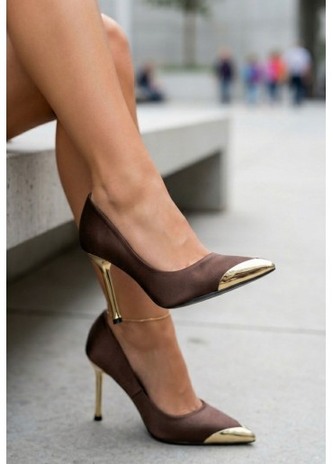 Norji Kahverengi Saten Stiletto Ayakkabı